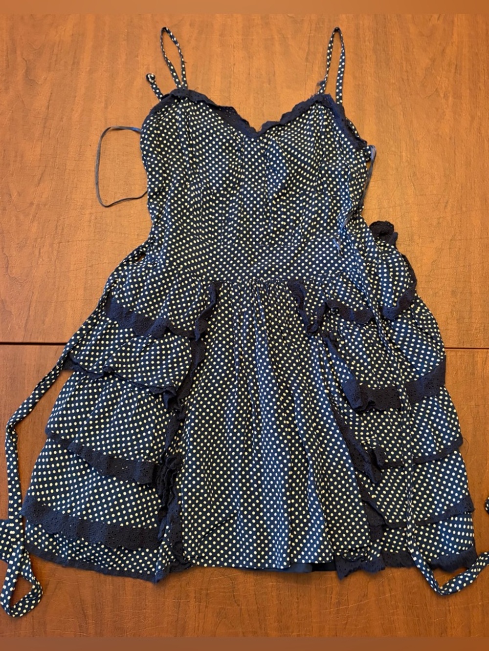 Navy Polka Dot Mini Dress with Ruffle Tiers